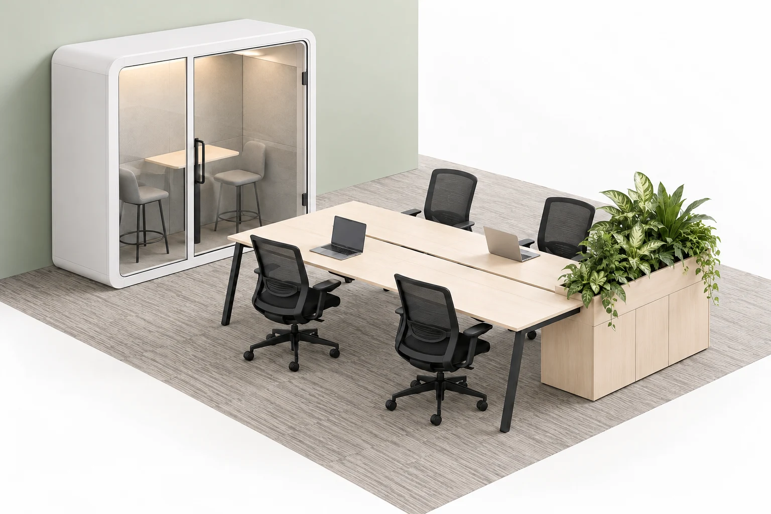 Pale wood workdesks, black office chairs and a planter